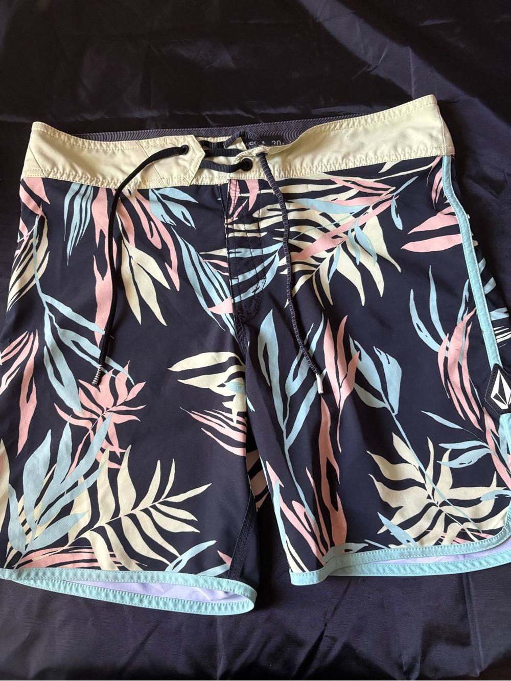Volcom Navy Floral Swim Trunks with Pastel Leaves